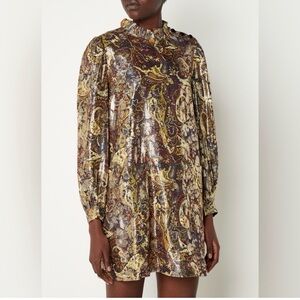 ba&sh Paris Metallic Paisley Ruffle-Neck Dress